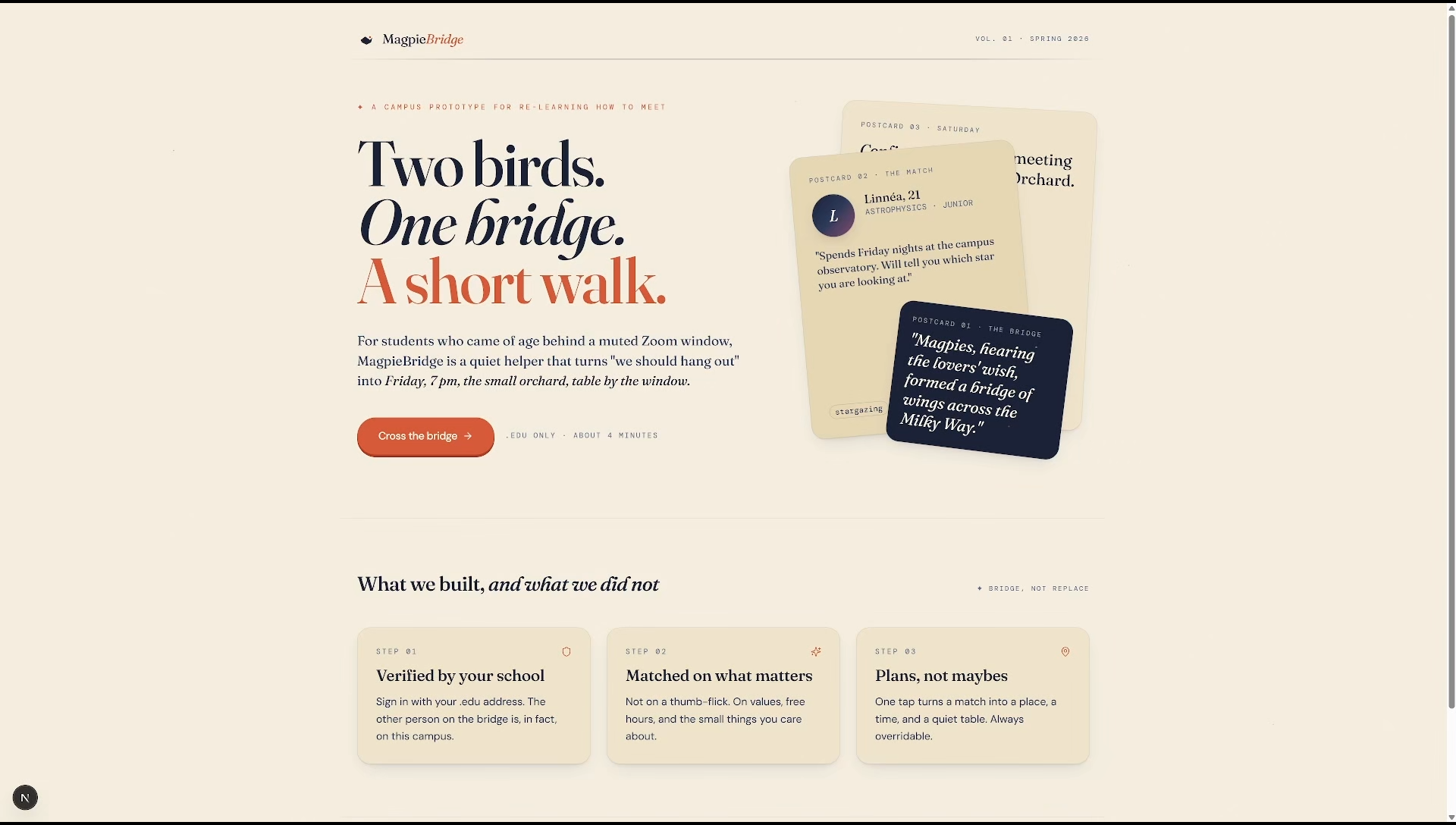 MagpieBridge product hero — "Two birds. One bridge. A short walk."